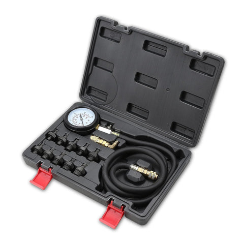 universal oil pressure tester kit with gauge and adapters in black case