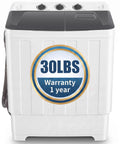 Portable Twin Tub Washing Machine With 19 Pound Washer And 11 Pound Spinner Dryer Featuring A Heavy Duty Drain Pump For No Sweat And Effortless Apartment Laundry Days showing a 30 lbs capacity sign.