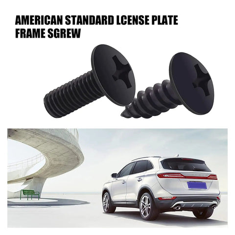 Rustproof License Plate Screws Kit With Anti Theft And Anti Vibration Stainless Steel Self Tapping Fasteners For Front And Rear Auto License Plates Black Finish Includes Foam Pads Washers And Covers, displaying black screws and SUV, outdoor setting.