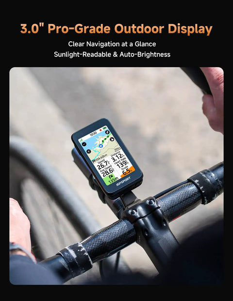 Cyclist using BiNavi Air Bike Computer With 3.0 Inch Touchscreen Display, Maps And Voice Navigation, mounted on handlebars