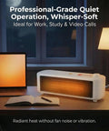 Graphene Far Infrared Mini Desk Heater for Personal Office Use on desk beside laptop