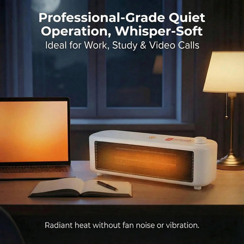 Graphene Far Infrared Mini Desk Heater for Personal Office Use on desk beside laptop