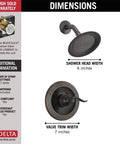 Windemere 14 Series Shower Faucet Set In Oil Rubbed Bronze with shower head and valve trim dimensions shown