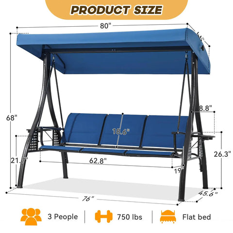 Three Seat Patio Swing With Textilene Backrest, Two Cup Holders And An Adjustable Canopy For Backyard, Porch Or Garden