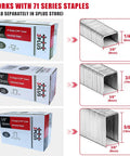 71 Series staples boxes and individual staples in 1/4, 3/8, and 5/8 inch lengths for 22 Gauge 3/8 Inch Crown Pneumatic Upholstery Stapler