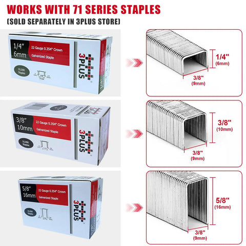 71 Series staples boxes and individual staples in 1/4, 3/8, and 5/8 inch lengths for 22 Gauge 3/8 Inch Crown Pneumatic Upholstery Stapler