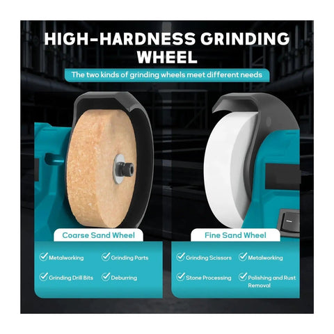 Cordless Electric Bench Grinder With 2 Wheels For Metal Polishing And Deburring, showcasing coarse and fine sand wheels.