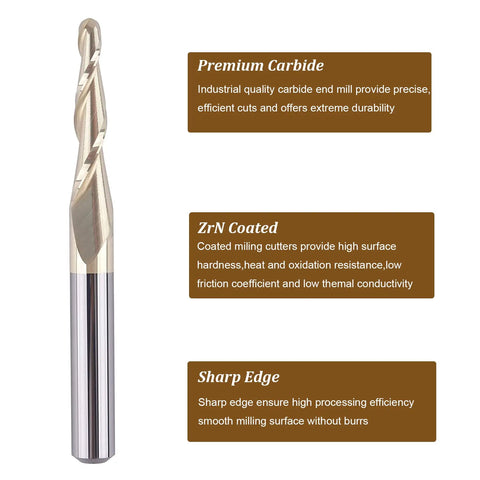 Tapered Ball Nose End Mill One Quarter Inch Shank With One Sixteenth Inch Radius For 3D Carving Engraving Router Bit ZrN Two Flute Carbide Cutter