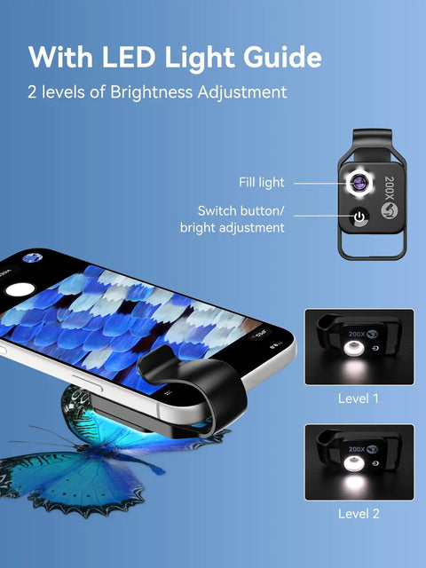 Pocket Phone Microscope 200X With LED Light And CPL Filter, Camera Attachment For iPhone And Android, No App Needed showing 2 brightness levels
