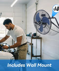 Man working in garage with 20 Inch High Velocity Industrial Floor Fan with 3 Speed Settings, wall-mounted, in black and blue, visible in background.