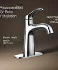 Simplice One Hole Single Handle Bathroom Sink Faucet With Clicker Drain Five And One Eighth Inch Spout Reach 1.2 GPM Polished Chrome Leak Free Ceramic Disc Valve Easy Install, shown with measurements on dark background