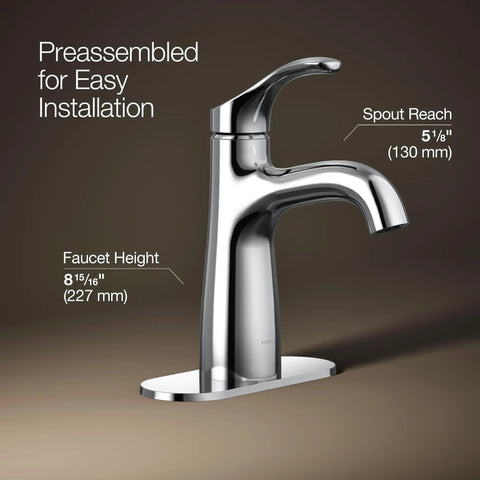 Simplice One Hole Single Handle Bathroom Sink Faucet With Clicker Drain Five And One Eighth Inch Spout Reach 1.2 GPM Polished Chrome Leak Free Ceramic Disc Valve Easy Install, shown with measurements on dark background