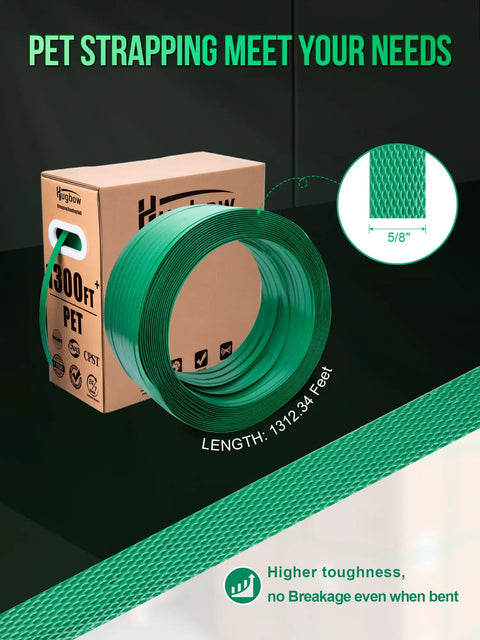 Heavy Duty Pet Strapping Bundle With Rock Solid 1500 Lb Break Strength, showcasing 300ft PET strapping roll, 5/8in width.