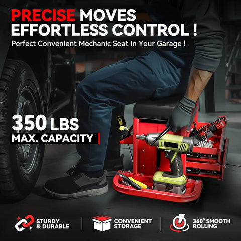 3-Drawer Rolling Mechanic Seat With Tool Tray And Storage, Heavy Duty Metal Frame, 350 Lb Capacity, Cushy Seat, Swivel Casters, Shop Ready For Garage, Workshop, Repair Shop Or Warehouse, Red