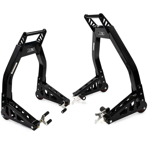 Universal Front And Rear Motorcycle Stand Lift Combo In Black With Front Fork Roller And Swingarm Y Lift And Paddle Lift