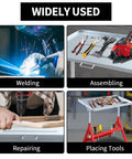 Wide usage of Heavy Duty Welding Table With 400 Lb Capacity, Folding Workbench 31x23 In for welding, assembling, repairing, and tool placement.