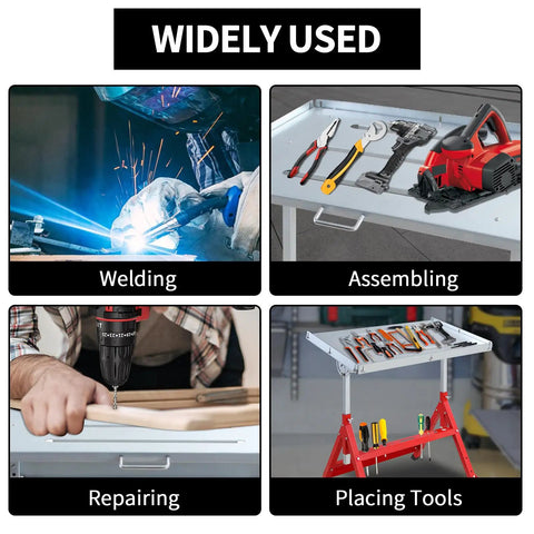 Wide usage of Heavy Duty Welding Table With 400 Lb Capacity, Folding Workbench 31x23 In for welding, assembling, repairing, and tool placement.