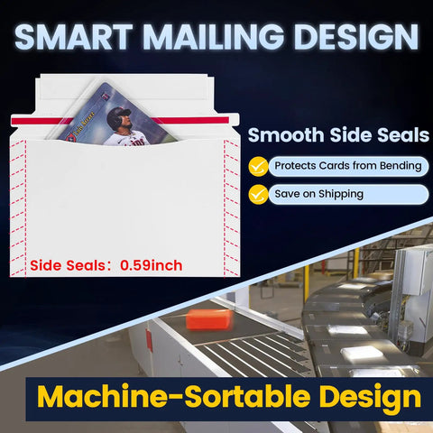 50 Pack 7x4.35 Trading Card Envelopes Mailers For Secure Shipping showing smooth side seals and machine-sortable design