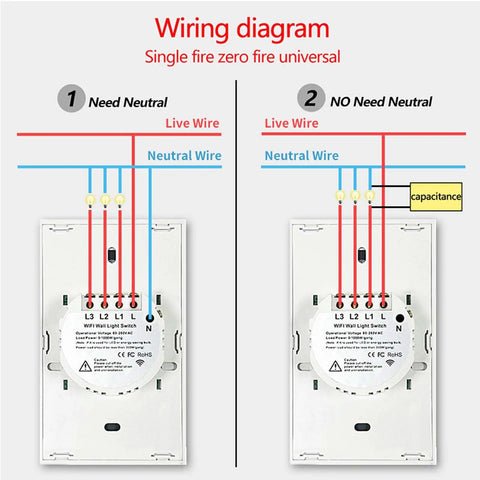 Wiring diagram for 2 Gang Glass Panel WiFi Smart Light Switch With Touch Control showing need/no-need neutral wiring options