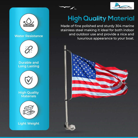 Rail Mount Flag Pole Base Set With 12 By 18 Inch American Flag, corrosion resistant 304 stainless steel for boats and RVs