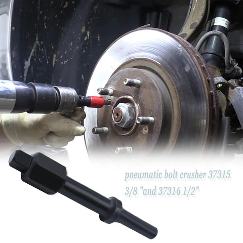 Using Shake And Break Pneumatic Bolt Breaker Set Featuring 3/8 And 1/2 Inch on rusted brake assembly.