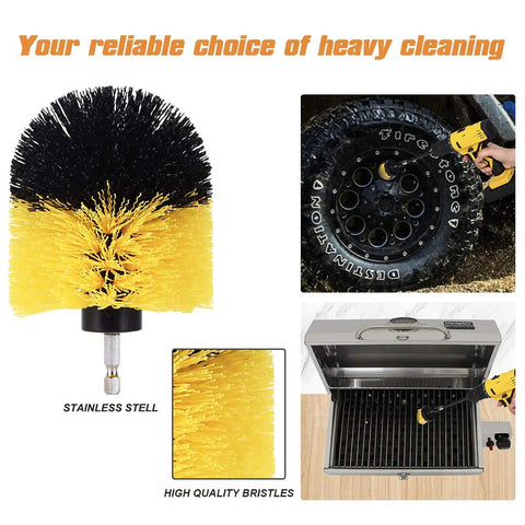 Heavy Duty Drill Brush Attachment Set With Four Shapes And Dual Bristles, shown cleaning car wheel and grill, yellow bristles
