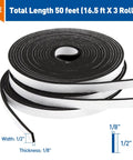 MAGZO weather stripping door seal tape, 1/2 in wide x 1/8 in thick, black adhesive foam, 50 ft total (3 rolls)