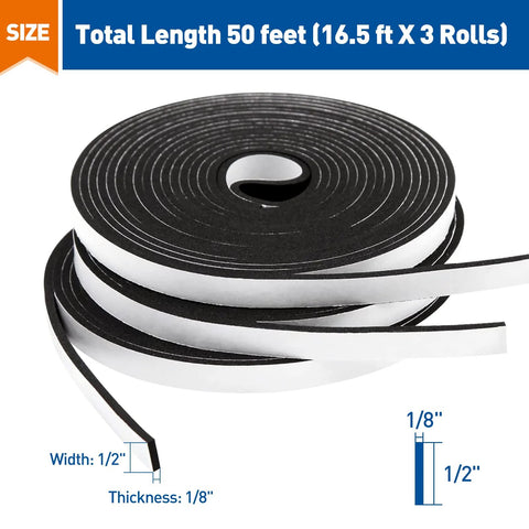MAGZO weather stripping door seal tape, 1/2 in wide x 1/8 in thick, black adhesive foam, 50 ft total (3 rolls)