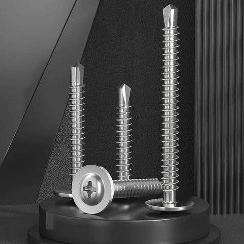 Size 8 Self Tapping Screws Assortment Kit For Metal, 410 Stainless Steel Self Drilling Screws in various sizes displayed on a stand