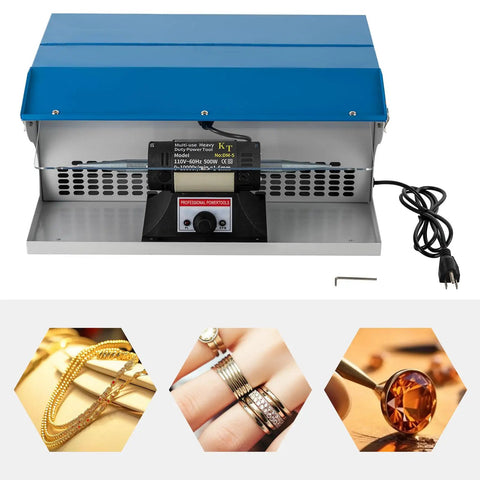 Pro Level Jewelry Bench Polisher Featuring A Beefy 200 Watt Motor Cranking 10000 Rpm With Foolproof Speed Lever Integrated Dust Catcher And Bright LED Lamp For Metal Wood Crafting Hustles And Shop Tasks, shown with accessories and jewelry.