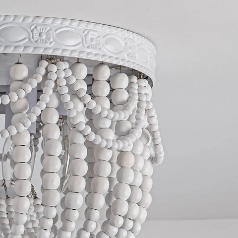 Close-up of Four Light Boho Wood Beaded Ceiling Light Fixture, Rustic Flush Mount Chandelier with white maple beads