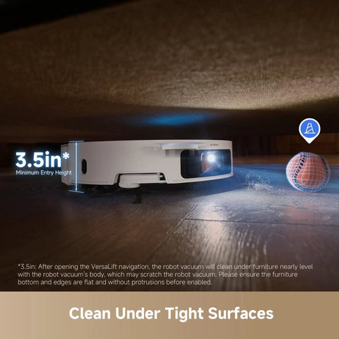 Beast Mode 20,000 Pa Suction Robot Vacuum And Mop cleaning under low furniture with 3.5in clearance illustration.