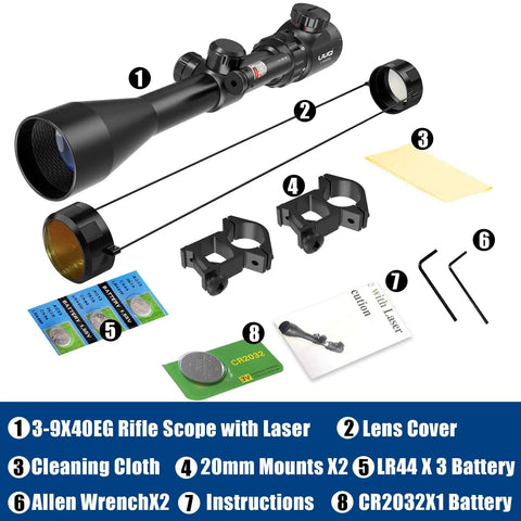 3 To 9x40 Rifle Scope With Red Green Laser Sight And Rangefinder Reticle, Waterproof And Fogproof, 20mm Free Mounts, Batteries Included, The All In One Beast Optic For Hunting, Airsoft And Pellet Guns shown with accessories and mounts.