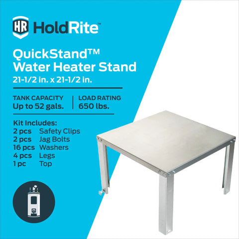 22 Inch Water Heater Stand For Up To 52 Gallons, Unassembled QuickStand System with galvanized steel frame and safety clips.