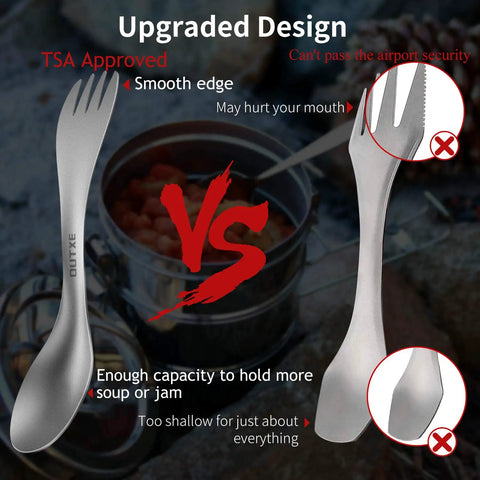 Comparison of Ultralight Titanium 2 In 1 Fork And Spoon Spork For Camping vs Regular Spork with focus on smooth edges.