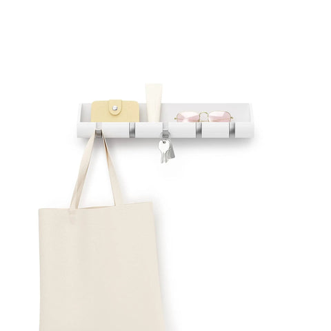Cubby Entryway Organizer With Mail, Phone, And Wallet Compartment Plus Five Flip Up Hooks For Keys And Small Accessories, White Keeps Everyday Essentials Within Reach And Tidy shown on wall with bag and keys hanging.