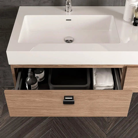 Bathroom vanity drawer featuring a 20 Pack Square Matte Black Kitchen Cabinet Knobs And Drawer Dresser Knobs For Cupboard Closet Bathroom Cabinets Dope Black Cabinet Hardware Solid Zinc Alloy, with storage items inside.
