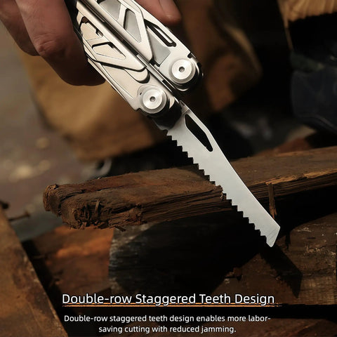 Beast Mode All In One Survival Multitool Pliers With 420 Stainless Steel Build featuring double-row saw cutting wood
