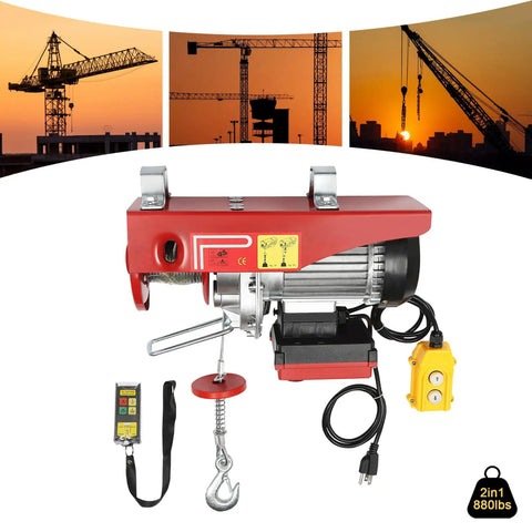 Heavy Duty Electric Hoist That Lets You Lift Heavy Loads Effortlessly With Smooth Windup And Strong Pull For Garage DIY Work or Workshop Projects, featuring a steel hook and control panel.