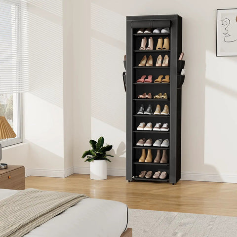 Vertical Narrow Shoe Rack Organizer Ten Tier Tall Shelf That Holds 20 To 22 Pairs, Space Saving Design For Tight Spaces, Black in bedroom