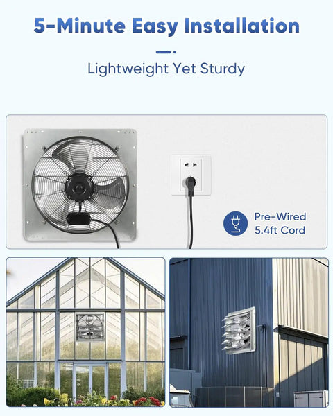 20 Inch Shutter Exhaust Fan With 1.65 Meter Power Cord High Speed 3500 CFM Wall Mounted Vent Fan displayed in greenhouse and building.