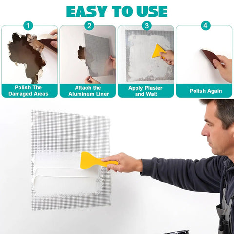 3 Piece Drywall Repair Kit For Large Holes And Cracks Self Adhesive 12 By 12 Inch Patches With Sandpaper And Scrapers in use