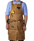 Heavy Duty Waxed Canvas Apron For Woodworking With Pockets And Cross Back Straps, Adjustable From Small To XXL, Water Resistant Brown Apron For Men And Women, Built Tough For Real Pros