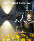 Solar Fence Lights Outdoor 6 Pack Up And Down Wall Lights Warm White Weatherproof Yard Decor Skip The Wiring Hustle With Dusk To Dawn Sensor For Ultimate Patio Vibes showing all weather resistant feature with illuminating lights in rain.