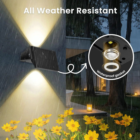 Solar Fence Lights Outdoor 6 Pack Up And Down Wall Lights Warm White Weatherproof Yard Decor Skip The Wiring Hustle With Dusk To Dawn Sensor For Ultimate Patio Vibes showing all weather resistant feature with illuminating lights in rain.