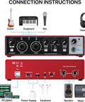 Red USB Audio Interface For PC And Mac, Pro Grade Studio Sound 24 Bit 192 KHz connection guide with instruments and devices
