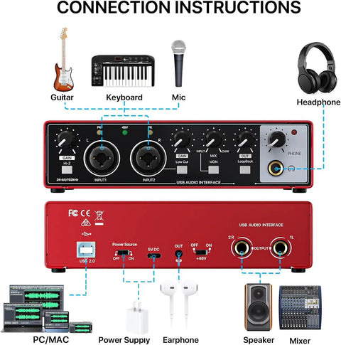 Red USB Audio Interface For PC And Mac, Pro Grade Studio Sound 24 Bit 192 KHz connection guide with instruments and devices