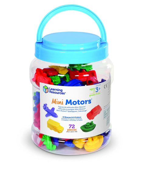 Awesome 72 Piece Mini Motor Car Counters And Sorting Set For Kids Ages 3 Plus in clear tub with colorful vehicles.