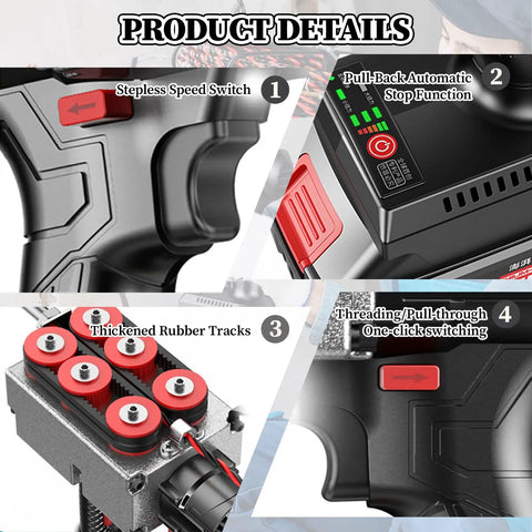 Gwthixion Cordless Electrician Wire Puller With Dual Lithium Batteries For Automatic Cable Tuggering and Wall Threading Up to 15 Meters features stepless speed switch, automatic stop function, and thickened rubber tracks.