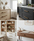 Collage showing 5 Inch Wood Drawer Pulls For Cabinet Walnut Finish 4 Pack With Mounting Screws on various furniture